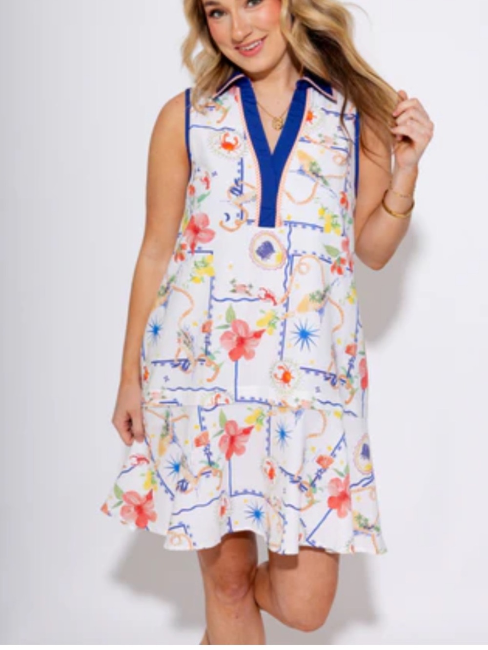 New Coastal Chic White Lobster Crab Nautical Pattern Sporty Collared Mini Dress